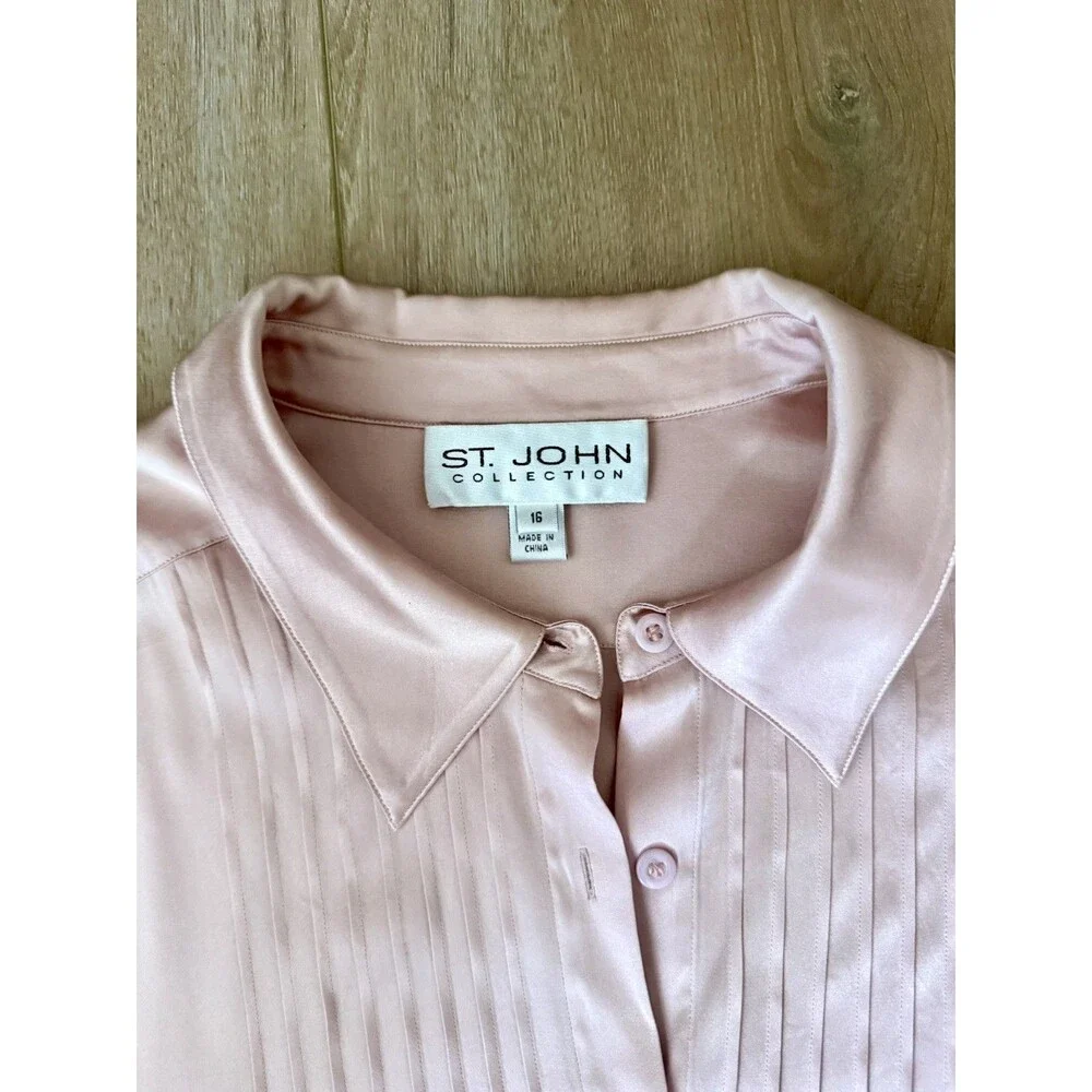 St John Vintage Silk Rose Pleated Button Up Blouse Size 16